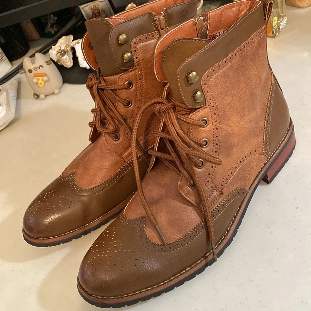 Men's Brown Lace Up Wing Tip Perforated Dress Ankle Boot
